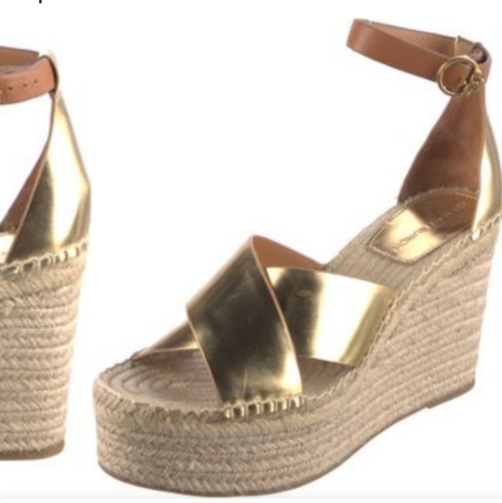 Tory Burch Women's Selby 105 Wedge Espadrille Sandals in Gold Leather 8.5